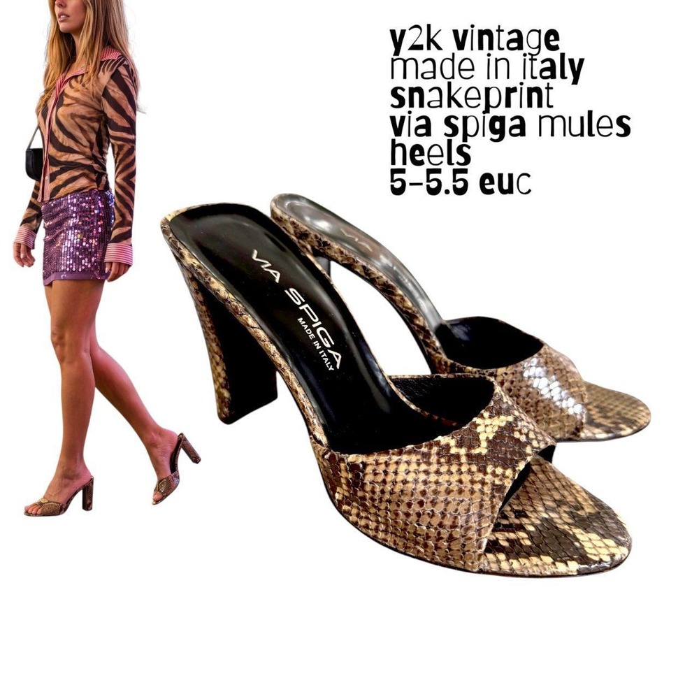90's Y2K Via Spiga Snakeprint Leather Square Toe Mules 5-5 1/2 euc made in italy